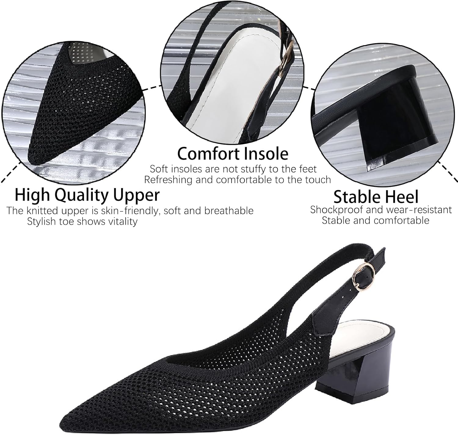 Women's Knit Mesh Slingback Heels Pumps with Adjust Ankle Strap Fashion Closed Pointed Toe Comfortable Chunky Heel Mules Sandals Work Office Wedding Dressy Shoes