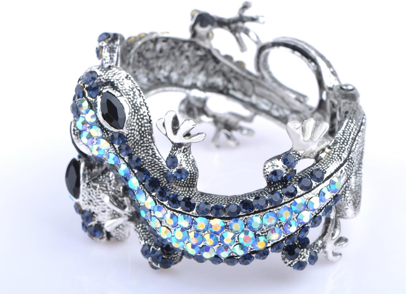 Alilang Silvery Golden Blue Topaz Multicolored Rhinestones Lizard Gecko Reptile Bangle Cuff Bracelet