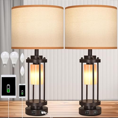 Miniatura 9 de Juego de 2 lámparas de mesa de granja para sala de estar, lámpara rústica para mesitas de noche de dormitorio, lámparas de noche con puertos de