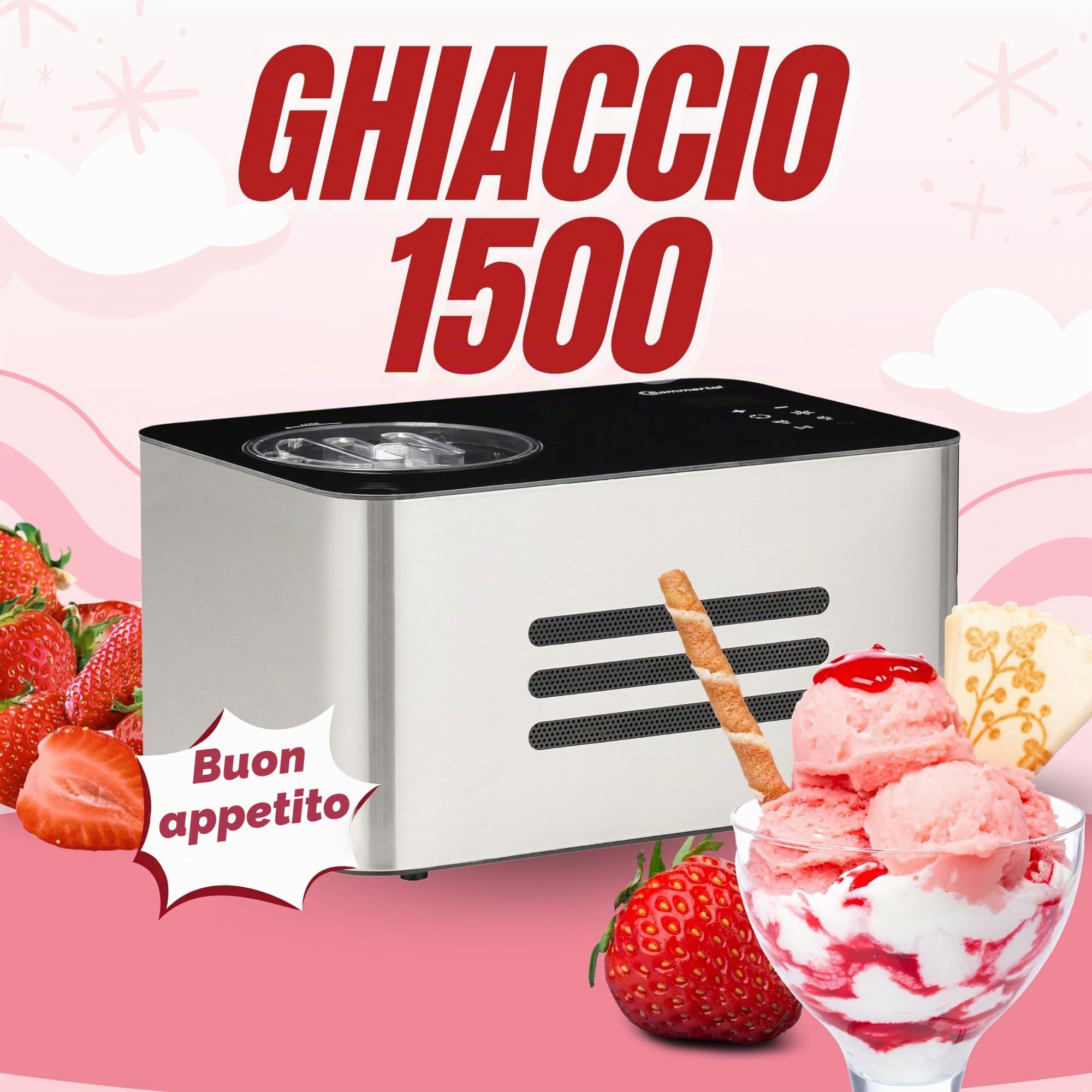 Sommertal ICE1500 - Macchina per gelato 3 in 1, yogurt gelato e sorbetto, macchina per gelato in acciaio inox con funzione di mantenimento del freddo, 1,5 l, 150 W con compressore