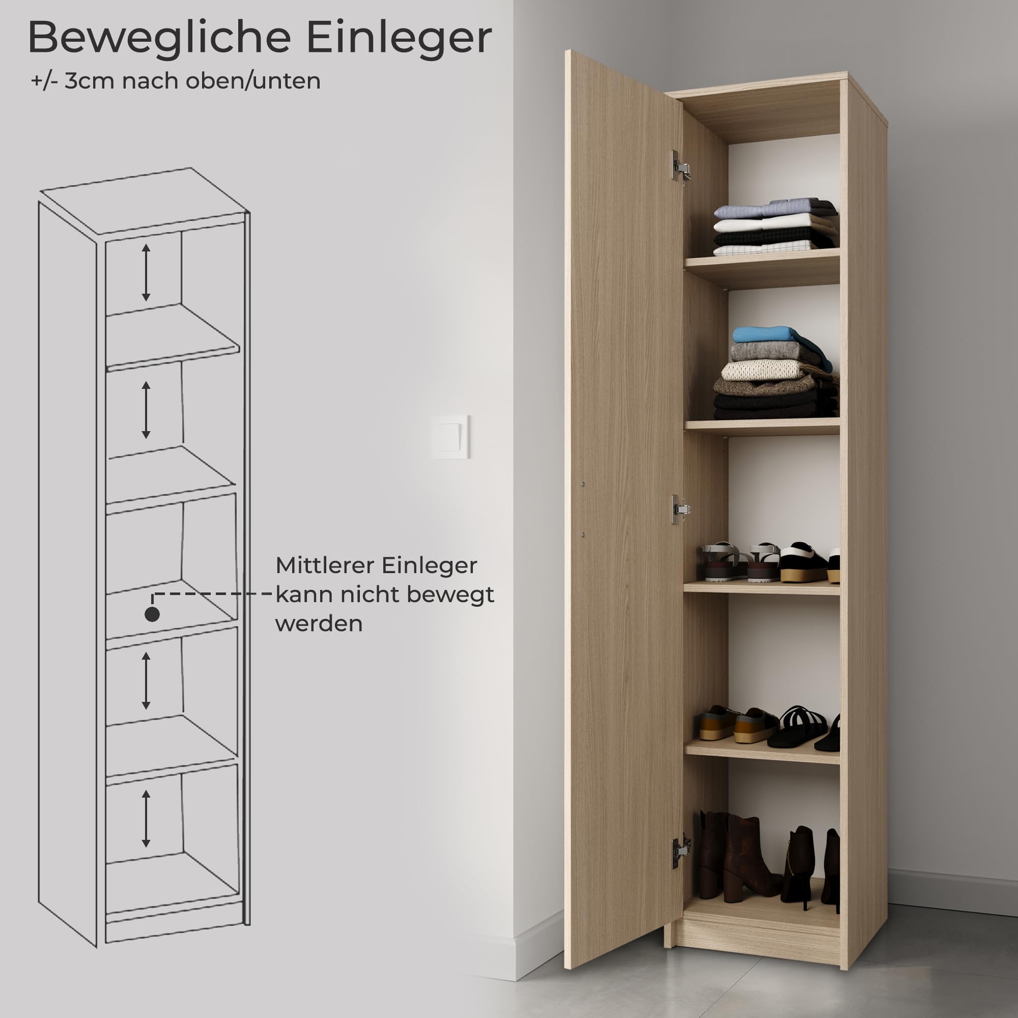Ddijk multifunctionele kledingkast, Multifunctionele lage kast, kast met 2 deuren, 79x40h96 cm, Wit en Eiken