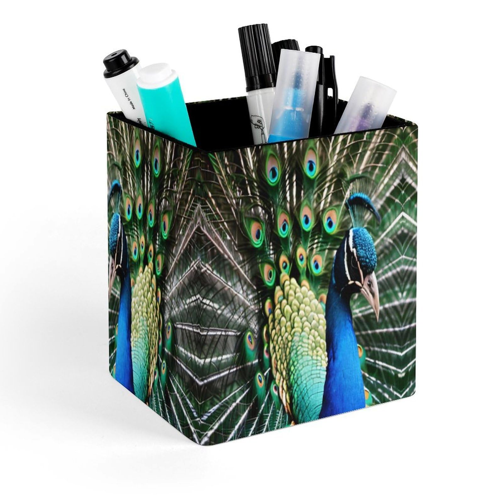 VstaDank Peacock Pen Holder Square Pencil Holder Leather Pencil Cup Pen Organizer Makeup Brush Holders Pen Cups Desktop Stationery Organizer for Home Office Desk Organizers