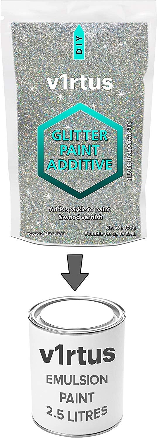v1rtus Silver Glitter Paint Additive [200g] New 2021-2 X Finishing Buffing Pads Included - Mix with Any Acrylic Paint for Perfect Luminous Finish on Interior or Exterior Walls, Ceilings, and Wood