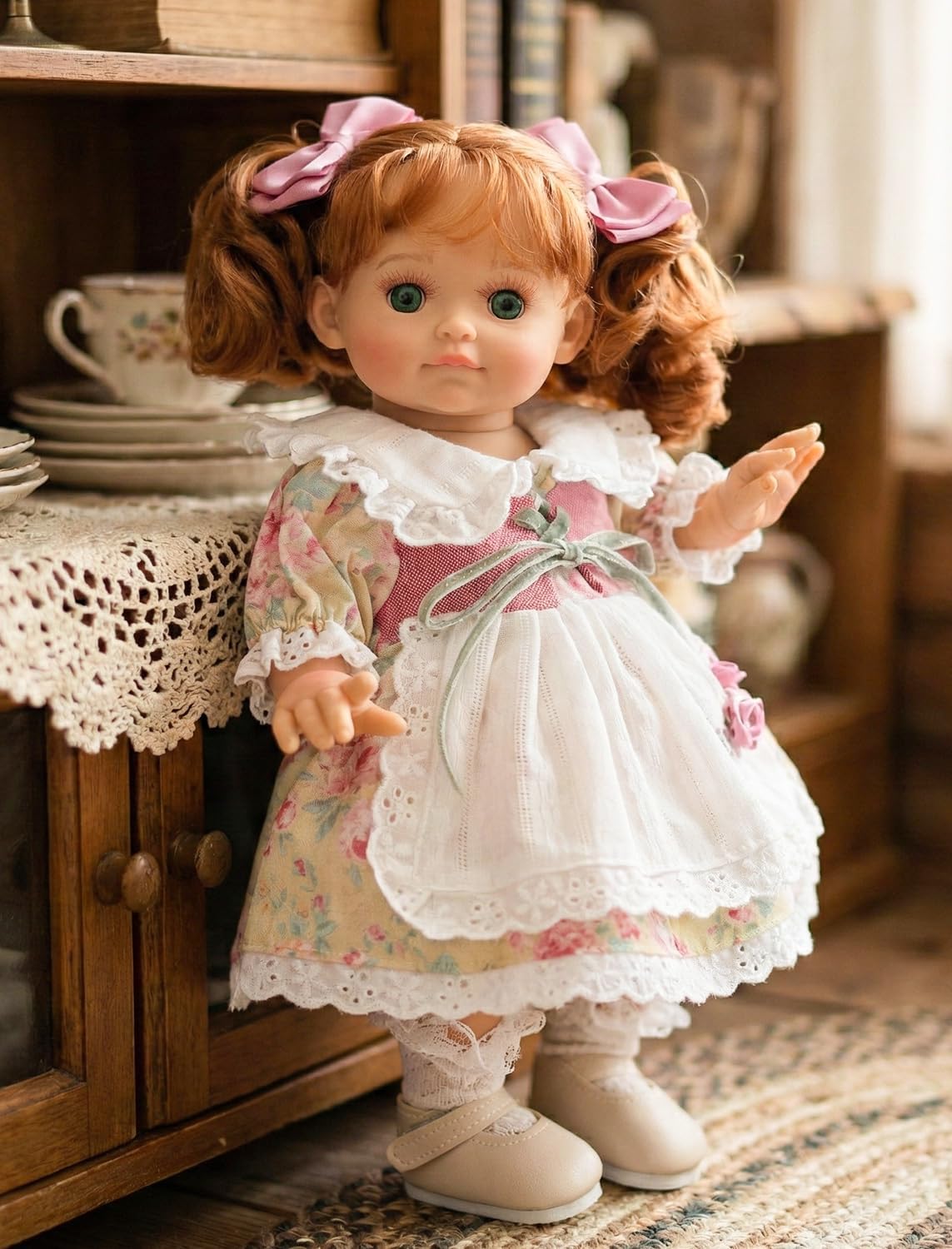 Baby Doll, 12 Inch Realistic Reborn Toddler Real Life Baby Dolls with Red Hair in Two Ponytails, Vintage Floral Dress, Premium Collectible Doll Gifts for 3+ Year Old Girls (Small)