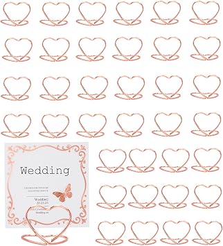 YUCHIYA 36 Pcs Heart Table Number Holders - Rust-Resistant Metal Place Card Stands for Weddings, Office & Home Decor Rose Gold
