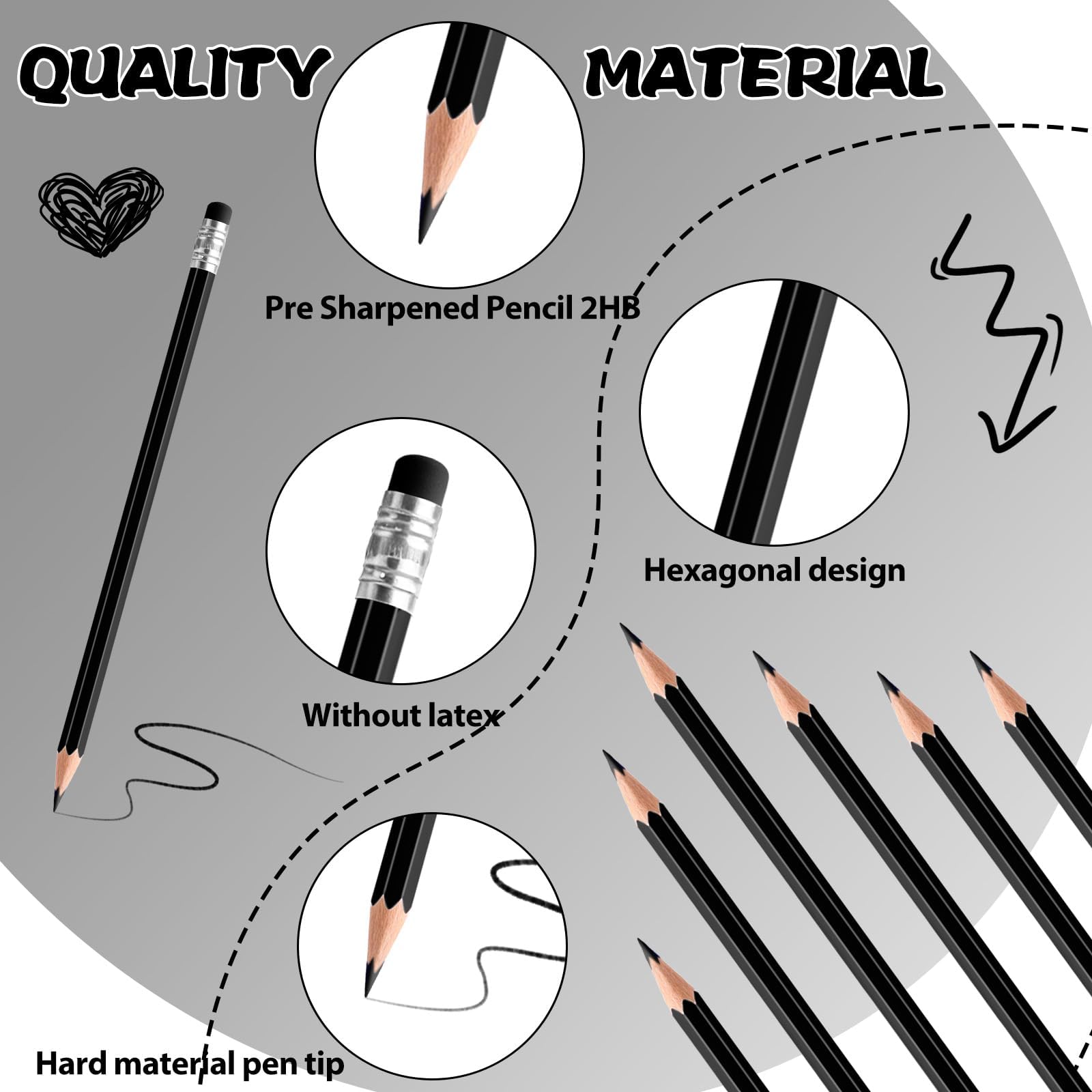 60 matite colorate cancellabili con gomma pre-temperate, 2 HB per controllo, classificazione, test e forniture per ufficio/scuola (nero)