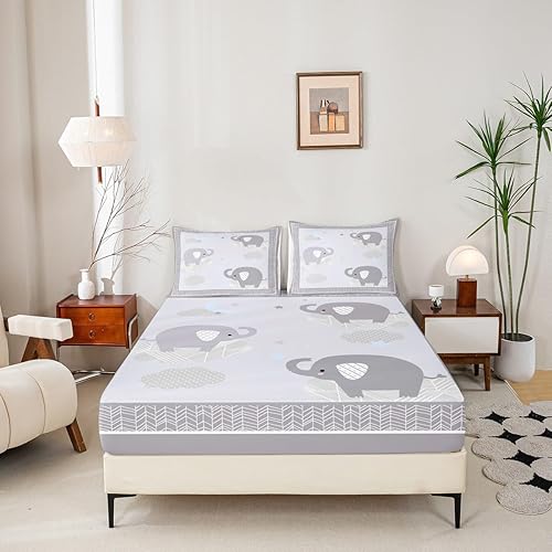 Miniatura 4 de Lindo juego de sábana bajera ajustable de elefante, tamaño individual, 2 piezas para niñas, niños, adolescentes, decoración de dormitorio, bohemio,