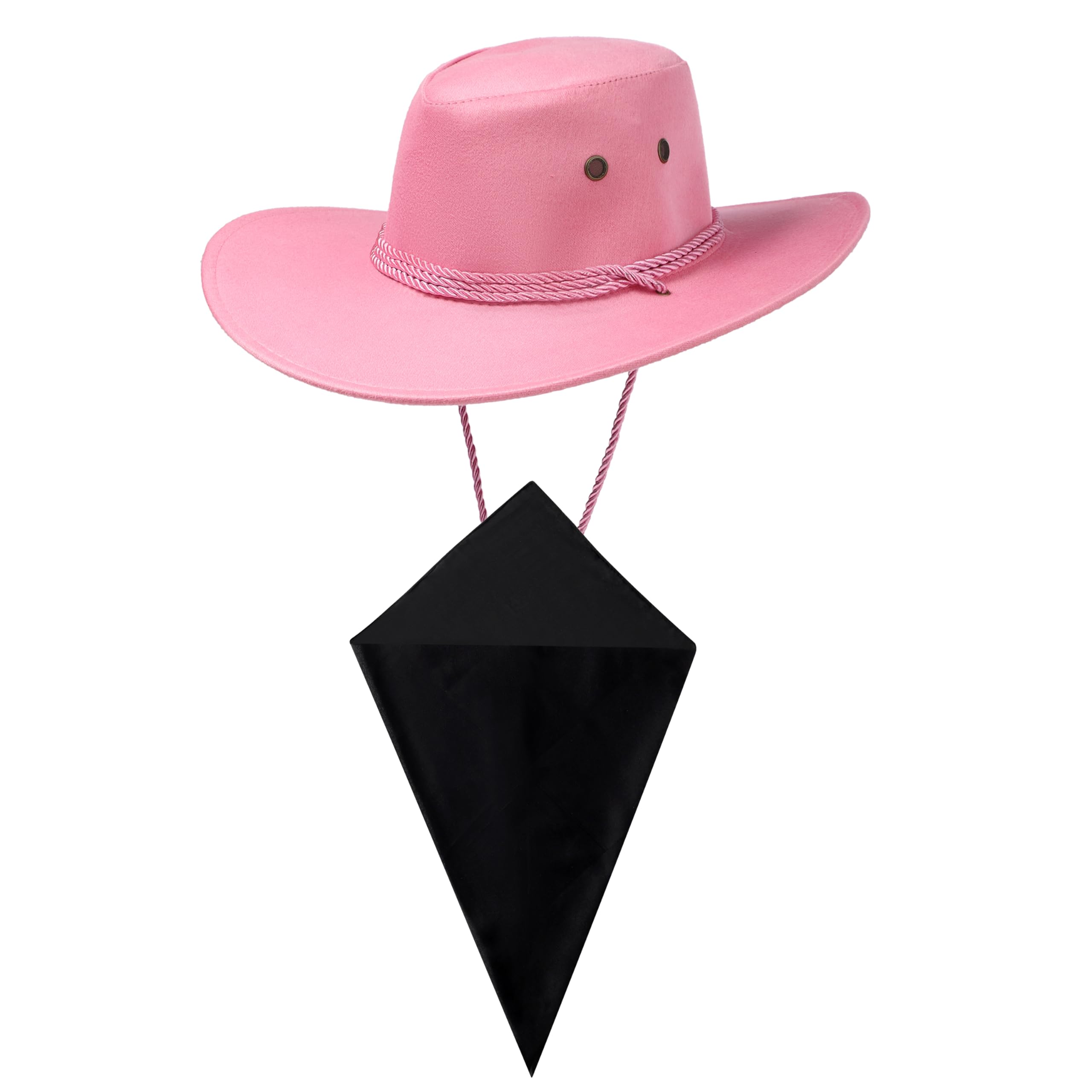 Komonee Pink Cowboy Hat and Plain Black Bandana Western Sun Cap Faux Felt Leather Suede Fancy Dress Party Costume Outfit Neckscarf Sun Protection Mens Womens โ image 1