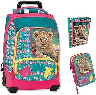 TROLLEY ZAINO SCUOLA WWF flowers fiore ORIGINALE NUOVA COLLEZIONE girl + ASTUCCIO 3 PIANI COMPLETO + DIARIO + omaggio penna paillettes 6 in 1 e portachiave con paillettes