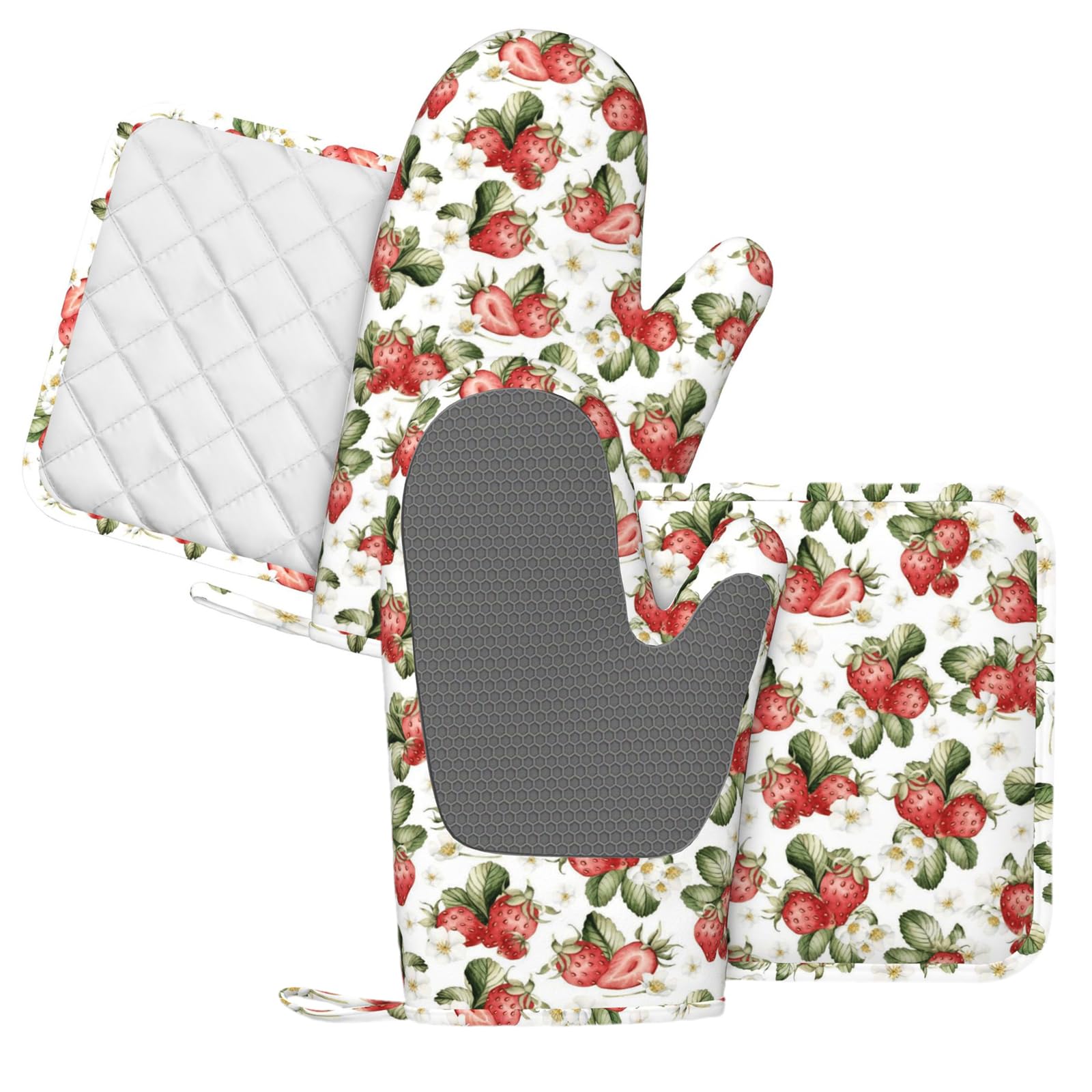 Juego de 4 manoplas de horno y agarraderas de verano de frutas y fresas, guantes de cocina florales de acuarela resistentes al calor, almohadillas calientes para cocinar, hornear, asar a la parrilla