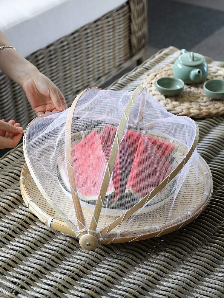 CAOLIN Panier à Fruits Tressé Bambou Avec Couvercle Moustiquaire - Corbeille Ronde Grand Format Antipoussière