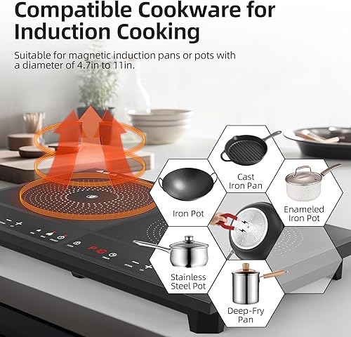 Miniatura 5 de Cocina de inducción doble, cocina de inducción portátil con control independiente de 2 quemadores, cuerpo ultrafino, 10 temperaturas, 1800 W