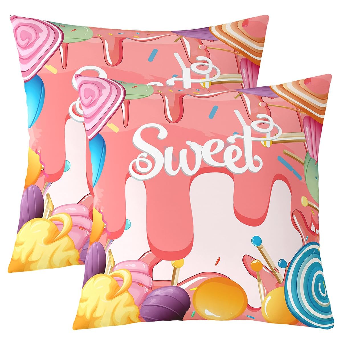 Manfei Kids Sweet Candy Decorative Square Throw Pillow Cover Watercolor Lollipop Cartoon Pillow Cover for Living Room RV Girly Pink Candies Party