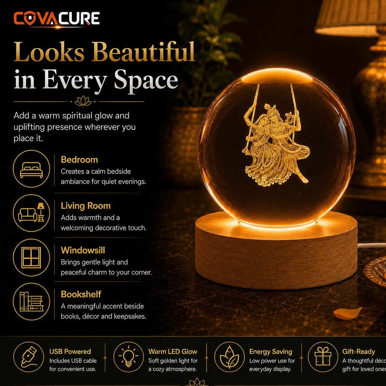 Radha Krishna Swing Crystal Ball Night Lamp - USB LED -2