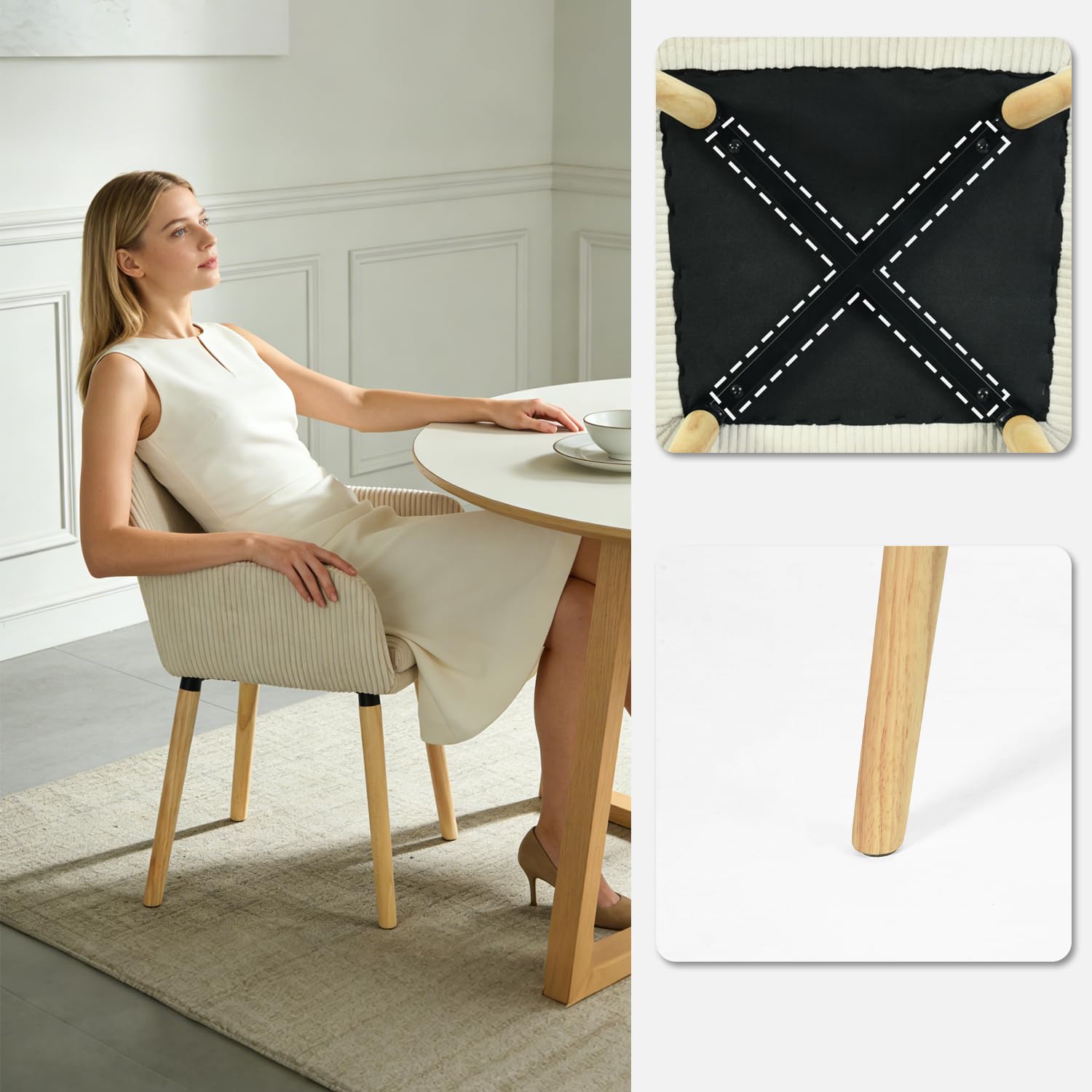 MEUBLE Cosy Sillas de Comedor Escandinavo Juego de 2, Sillas Cocina con Reposabrazos, Asiento Acolchado en Tela de Pana, Patas de Madera, Beige