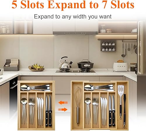 Miniatura 5 de Organizador de cajones de utensilios grande expandible Bandeja de cubiertos de bambú Organizador de cubiertos de cocina Soporte de bandeja de