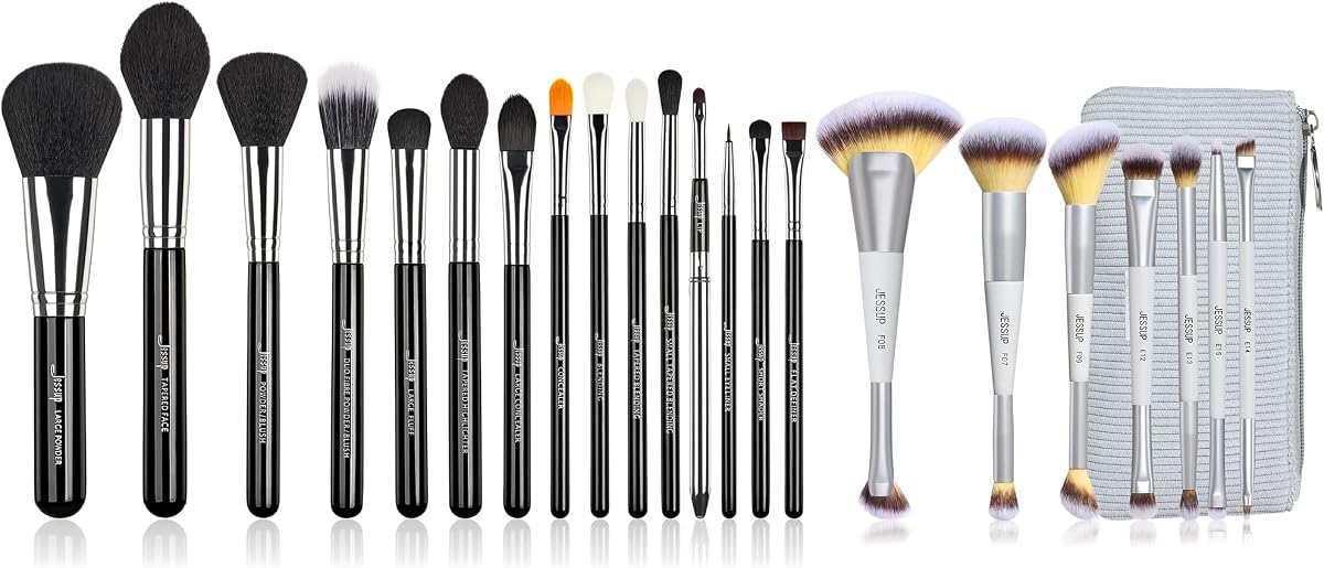 Pinceles de maquillaje 15 piezas negro/plata T092 con juego de pinceles de maquillaje 7 piezas de doble extremo con bolsa Quiet Grey T520