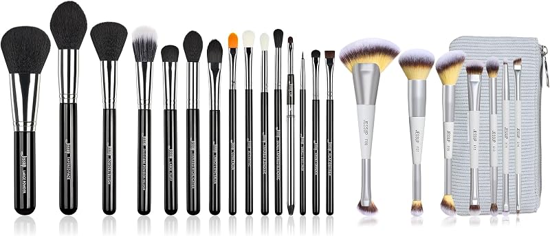 Pinceles de maquillaje 15 piezas negro/plata T092 con juego de pinceles de maquillaje 7 piezas de doble extremo con bolsa Quiet Grey T520