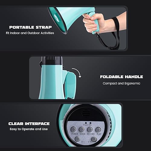 Miniatura 5 de MyMealivos Megáfono portátil Bullhorn de 20 vatios de potencia megáfono altavoz modos de voz y sirenaalarma con control de volumen y correa (verde