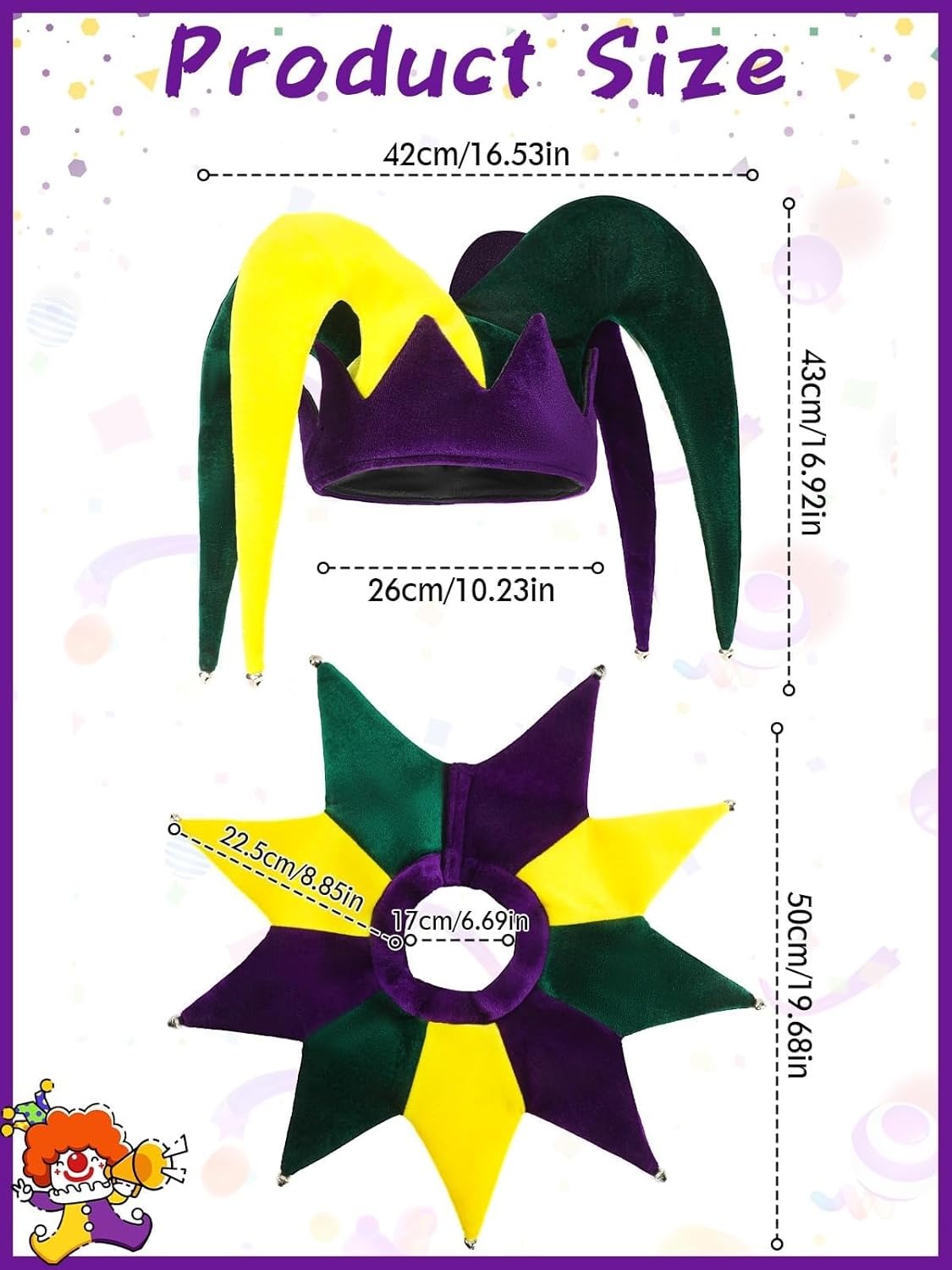 Mardi for Gras Costumes, Jester Hat and Collar Mardi for Gras Outfit Accessories Set Court Jester Costume for Men Women Masquerade Carnival Party Cosplay - Image 3