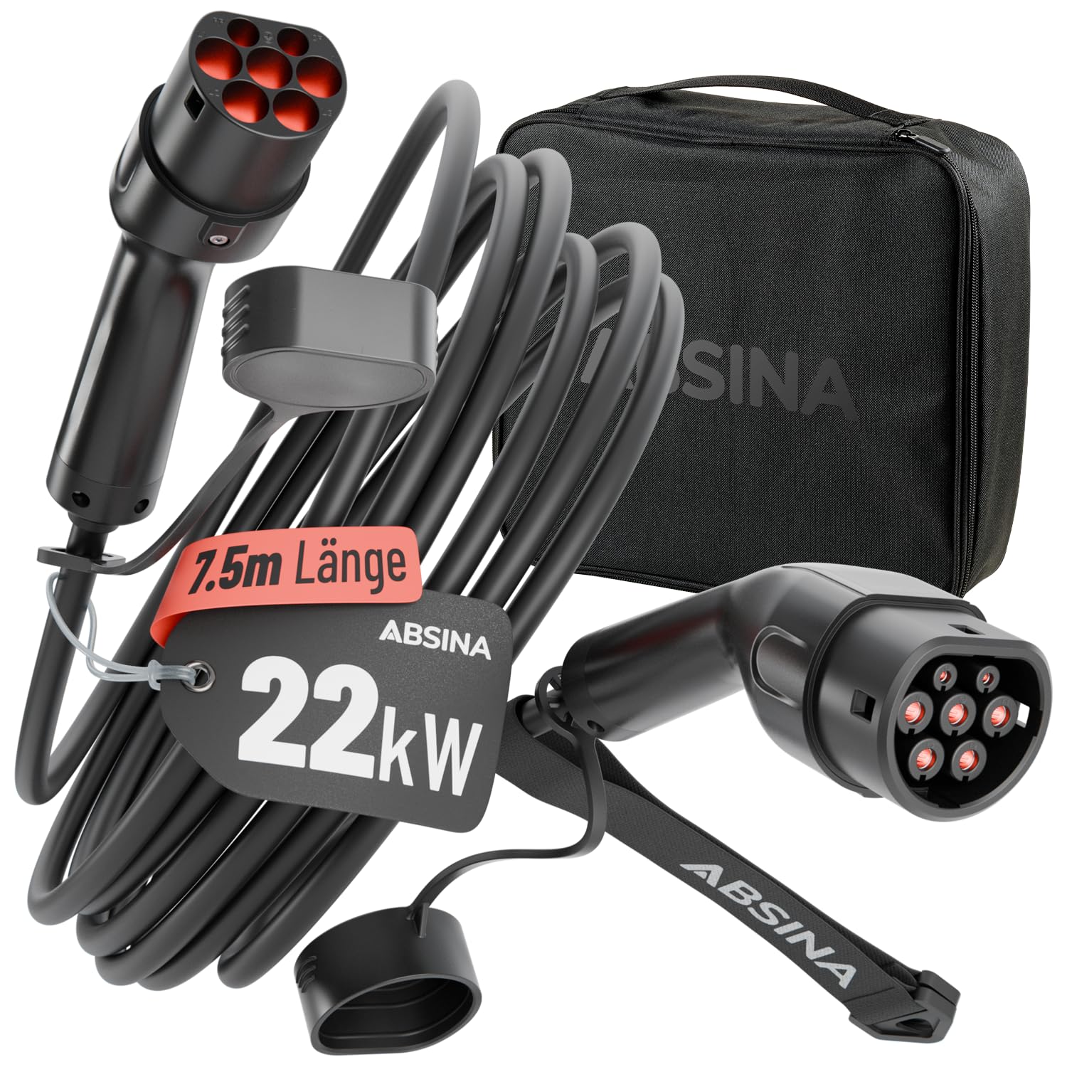 ABSINA Cable Carga Coche electrico Tipo 2 22kW 32A 10m trifásico | Cable cargador coche electrico tipo 2 modo III Compatible con Model 3, e-Up, ID.3, Zoe, EQ fortwo, Kona Elektro, ID.4 y más