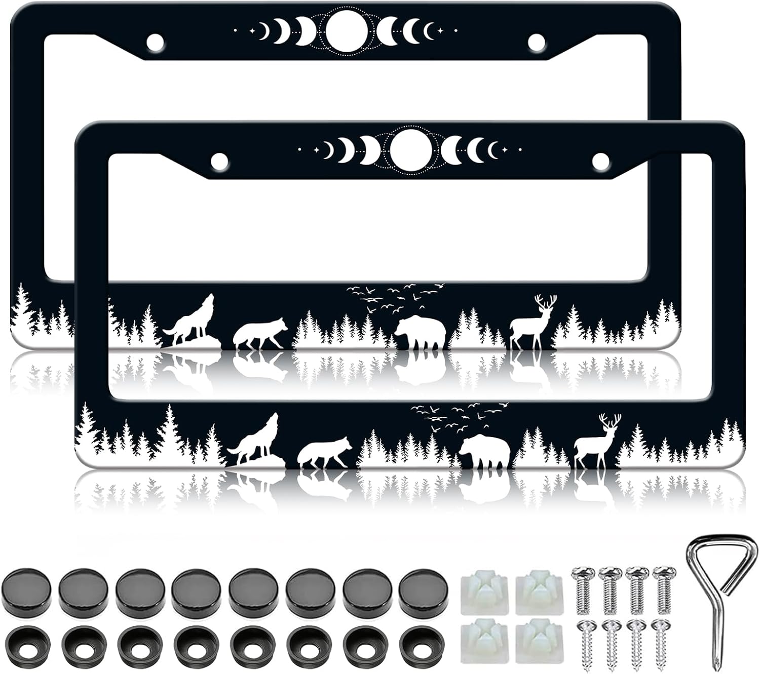 (Similar to)Moon Phases License Plate Frame - 2 PCS Wolf Bear Deer License Plate Holder, Rust-Proof Stainless Steel License Plate Cover Decoration with Screws Caps for Standard Us 12x6 Inch