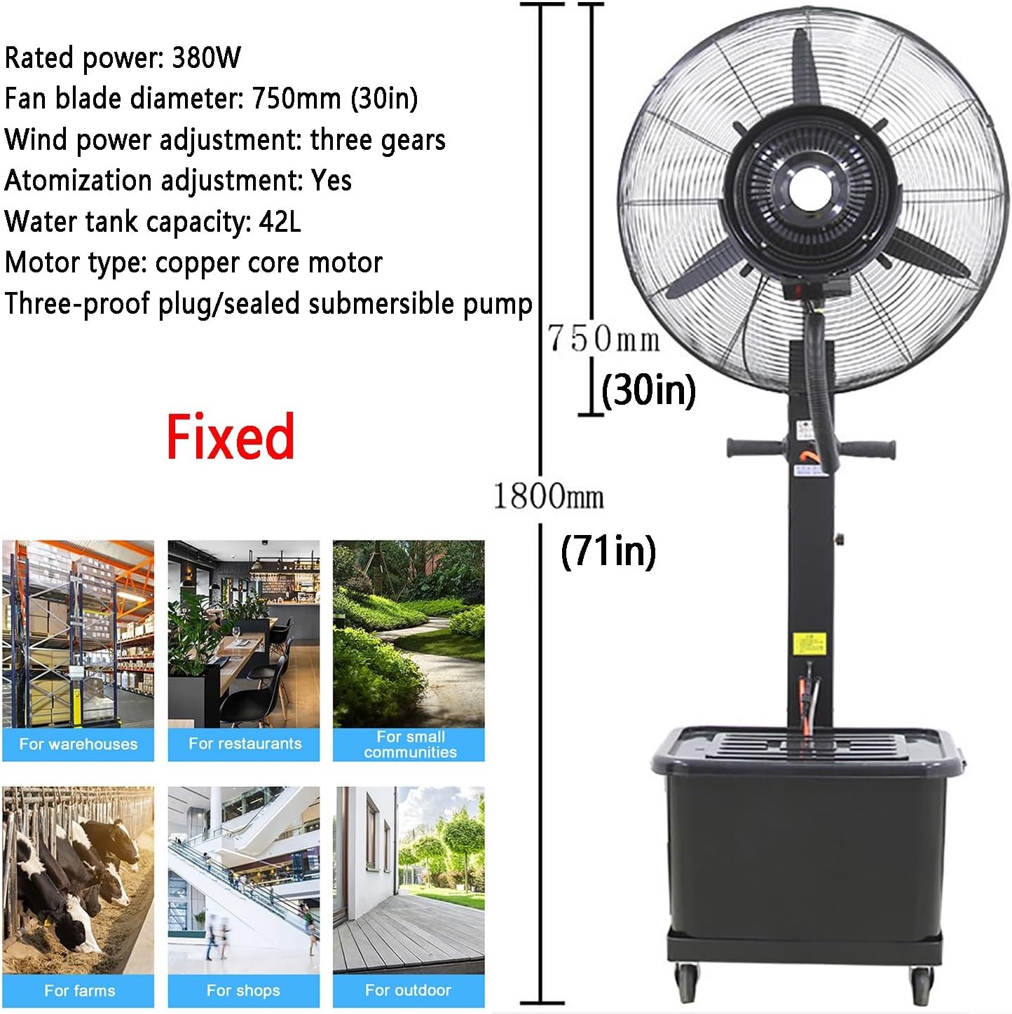 Outdoor Misting Fan for Patio, Portable Industrial Fan Floor Fan Pedestal Fan, Water Mist Cooling Spray Fan, 45°/90° Oscillation Fan, 3 Speeds,42L water tank capacity(Fixed,750mm (30in))