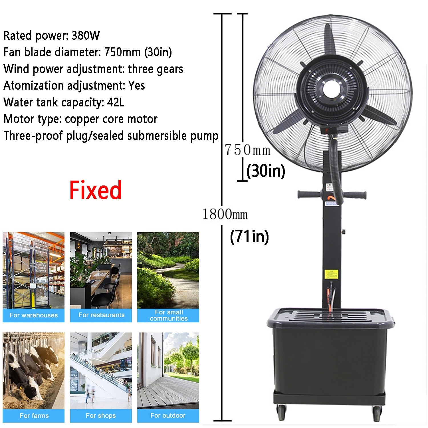 Ventilador de nebulización de Pedestal portátil para Patio, 3 velocidades, Tanque de Agua de 42 L, refrigeración al Aire Libre