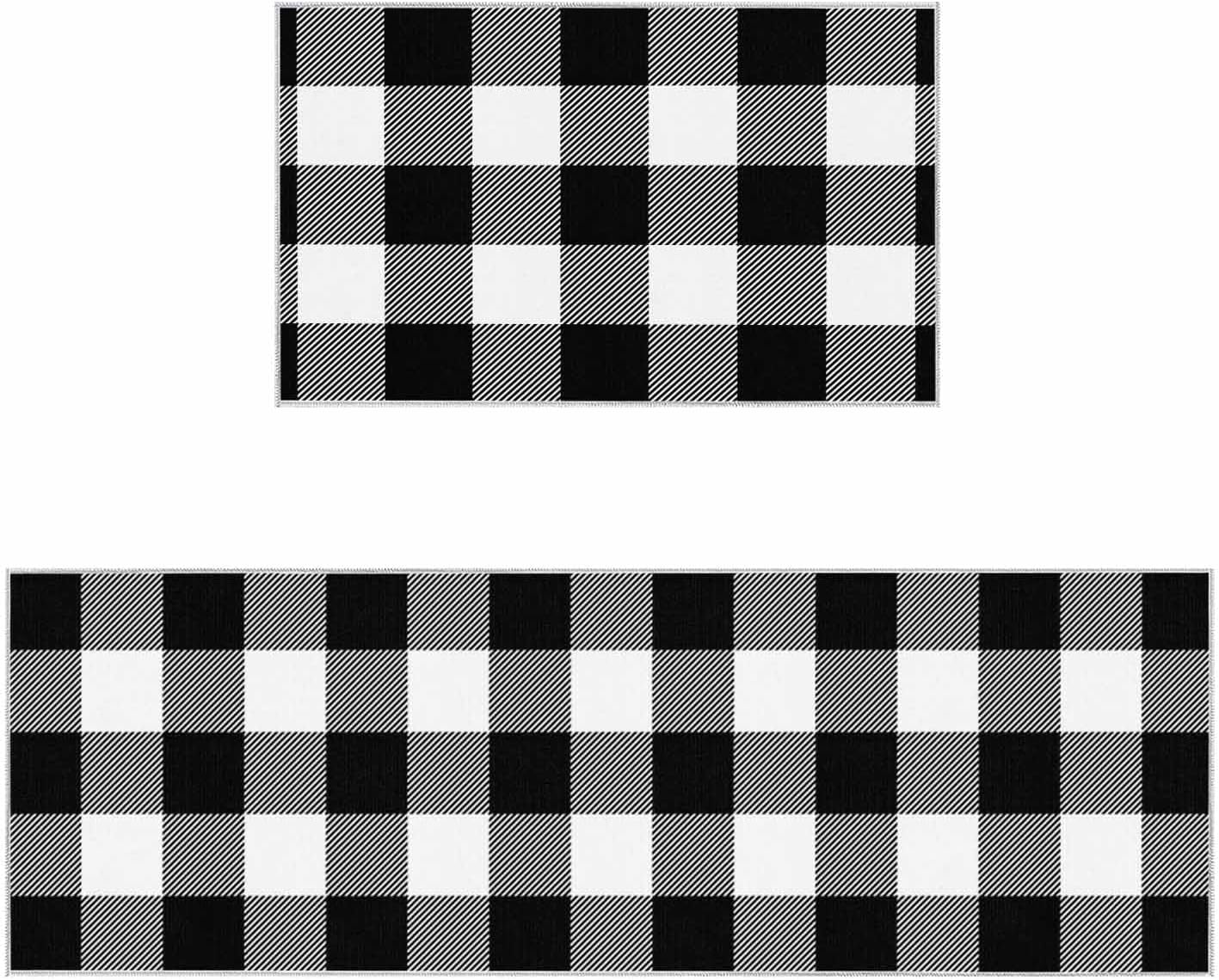Teamery Kitchen Mats for Floor Farm Buffalo Plaid Washable Non Slip Kitchen Rugs 2PCS, Rustic Black and White Grid Absorbent Standing Mats for Sink Bathroom Office Living Room 15.7x23.6in+15.7x47.2in