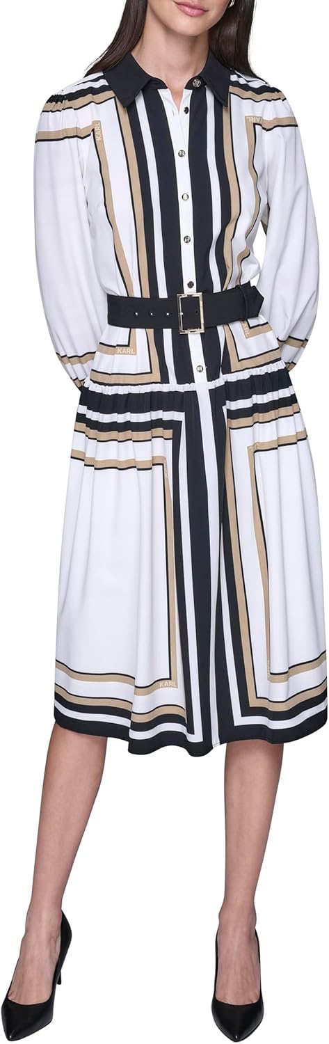Karl Lagerfeld Women's Collared Printed Silky Crepe Belted Midi Dress - Image 2