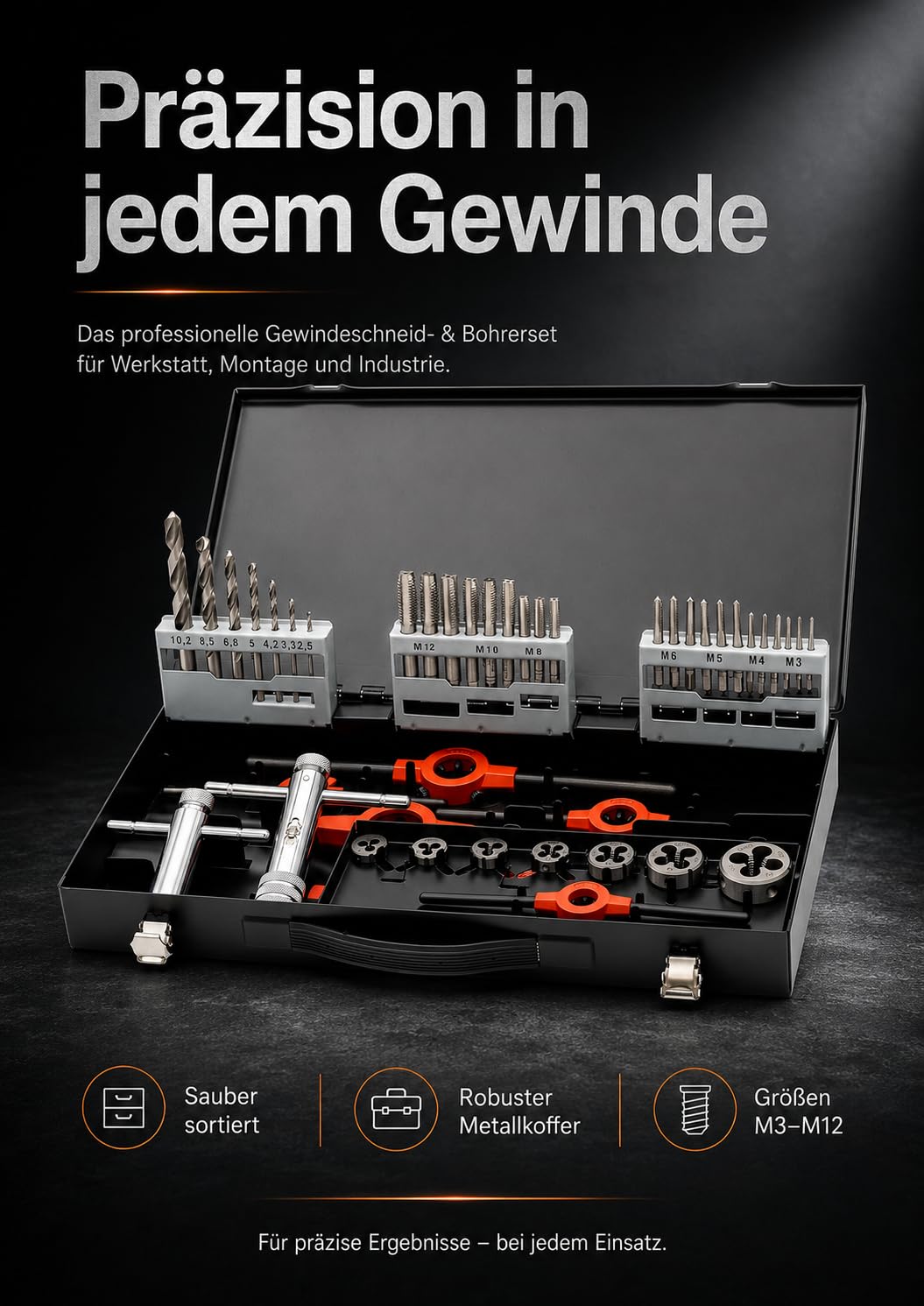 BAER Gewindeschneider Set 30-tlg. M3–M12 HSS-G | Handgewindebohrer + Schneideisen DIN 352/DIN 13 | Windeisen & Schneideisenhalter in Metallkassette | Profi Gewindeschneidsatz Innen- & Außengewinde