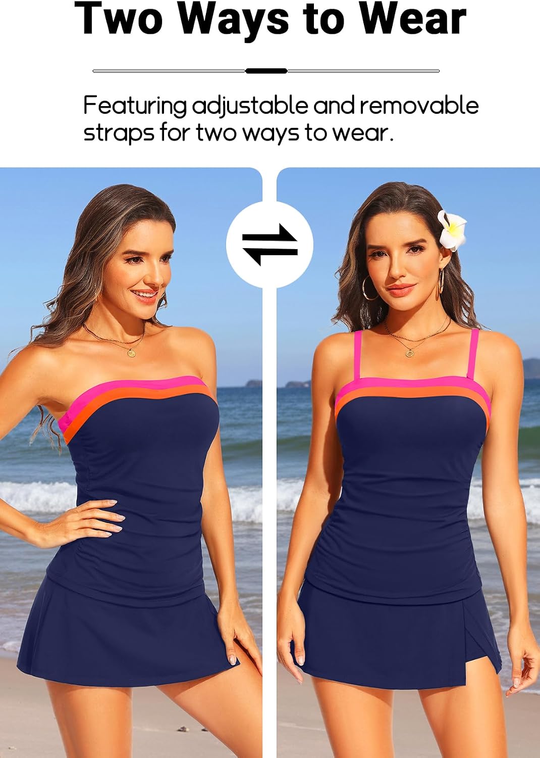 Yonique Women Bandeau Tankini with Skirt - Two Piece Strapless Bathing Suits Color Block Tummy Control 2026 Swimsuit