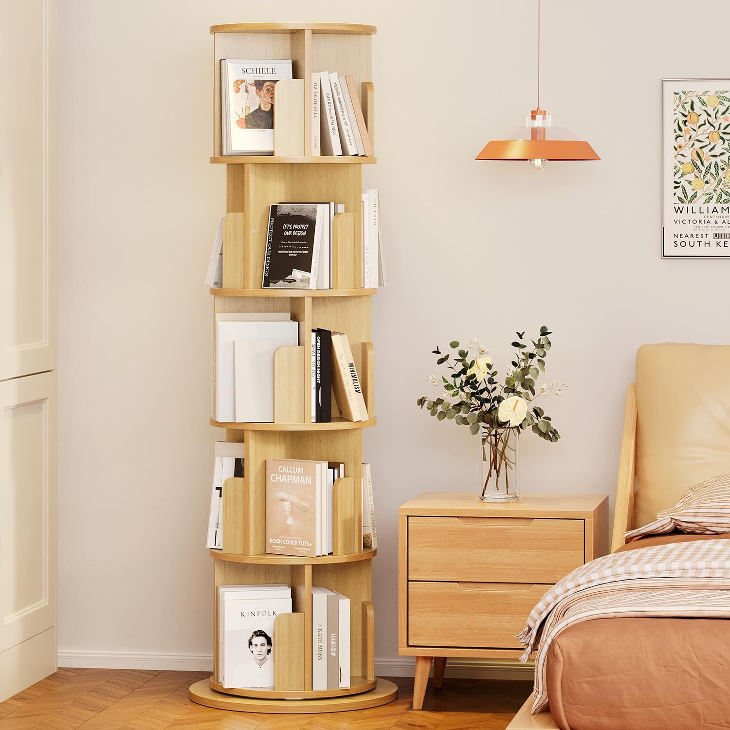 oneinmil Rotating Bookshelf, 360° Rotating Bookcase for Small Space, Corner Bookcase for Bedroom, Living Room, Study Room, 5 Tier, Wood