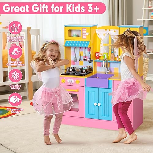 Miniatura 6 de Juego de cocina para niños, cocina de madera para niños con grifo, fregadero, estufa, horno, cortinas, utensilios de cocina, armarios de