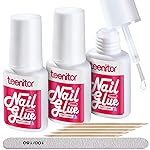 Teenitor Nail Glue for Press Ons, 3 Pack Best Nail Glue for Gel Tips with Nail Files, Super Strong Nail Glue for Broken Nail Brush on Nail Glue for Press on Nails