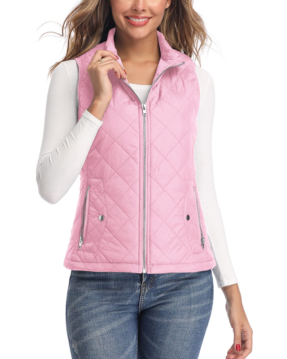 LK Women's Padded Vest, Stand Collar Lightweight Zip Quilted Gilet Pink M