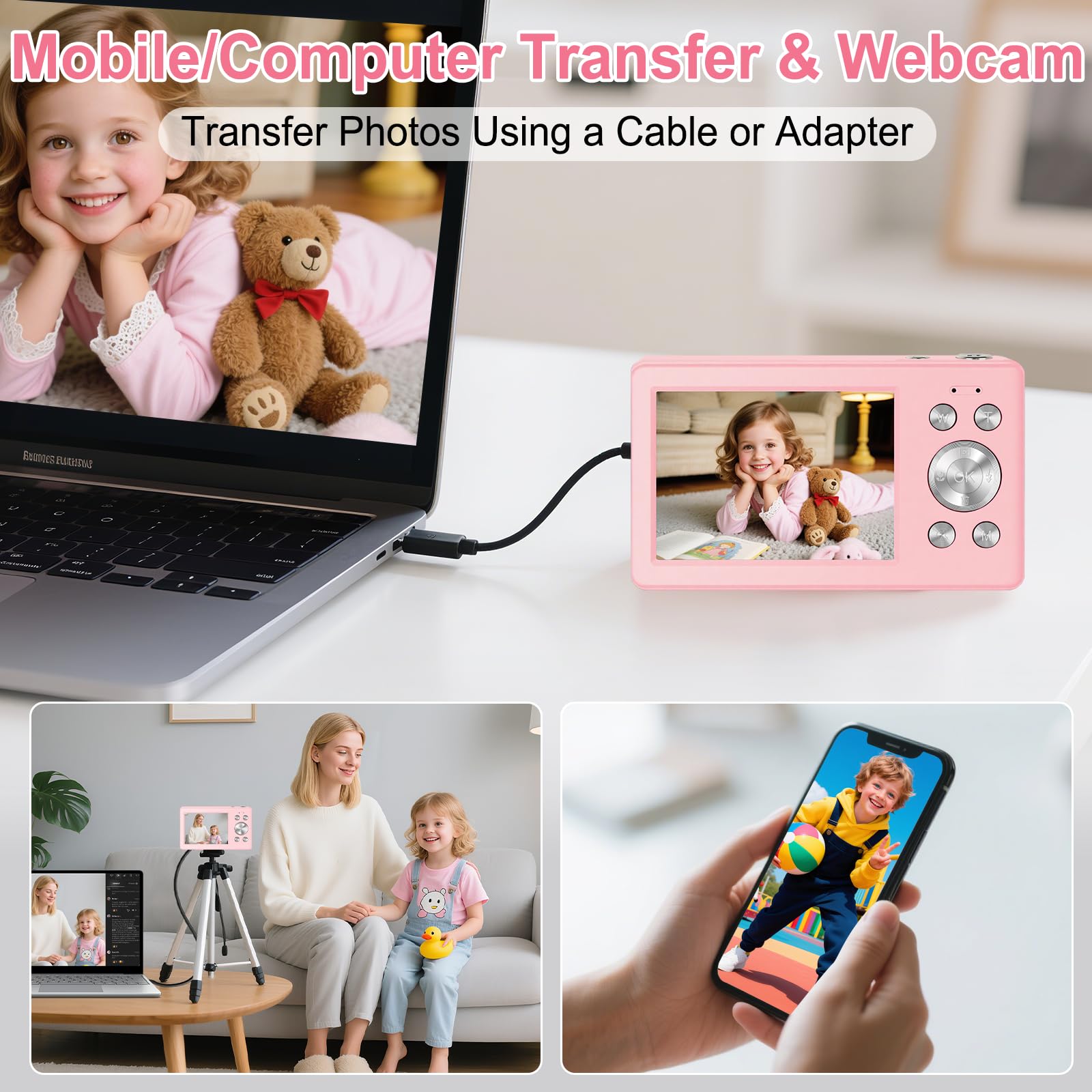 Fotocamera Digitale 56MP 1080P FHD con Autofocus16X Zoom Digitale, Fotocamera Compatta Portatile con Schermo LCD 2,8", Scheda SD 32GB 2 Batterie Perfetta per Adolescenti, Principianti (Rosa)