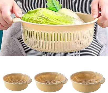 3 Pack Large Plastic Colander Bowls, Fruits Vegetable Washing Basket, Fruit Colander Bowl, 2 in 1 Kitchen Colanders Bowl Set, Double Layer Draining Basket for Home Kitchen