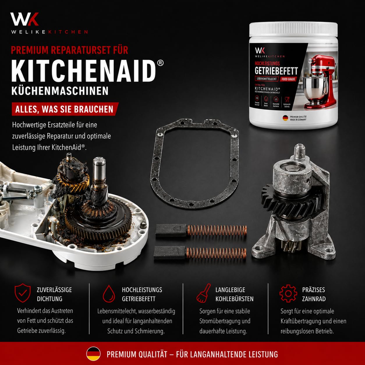 Welikekitchen Zestaw konserwacyjny kompatybilny z robotami kuchennymi KitchenAid – koło zębate, uszczelka, smar przekładniowy i szczotki węglowe (2 sztuki) – zestaw naprawczy do Artisan, Classic