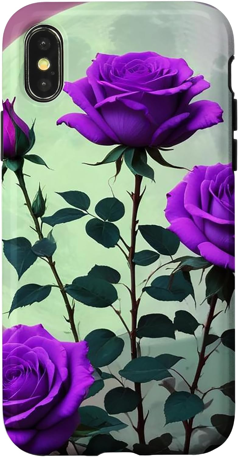 Purple Roses Under Emerald Moon Aesthetic Celestial Case for iPhone X/XS