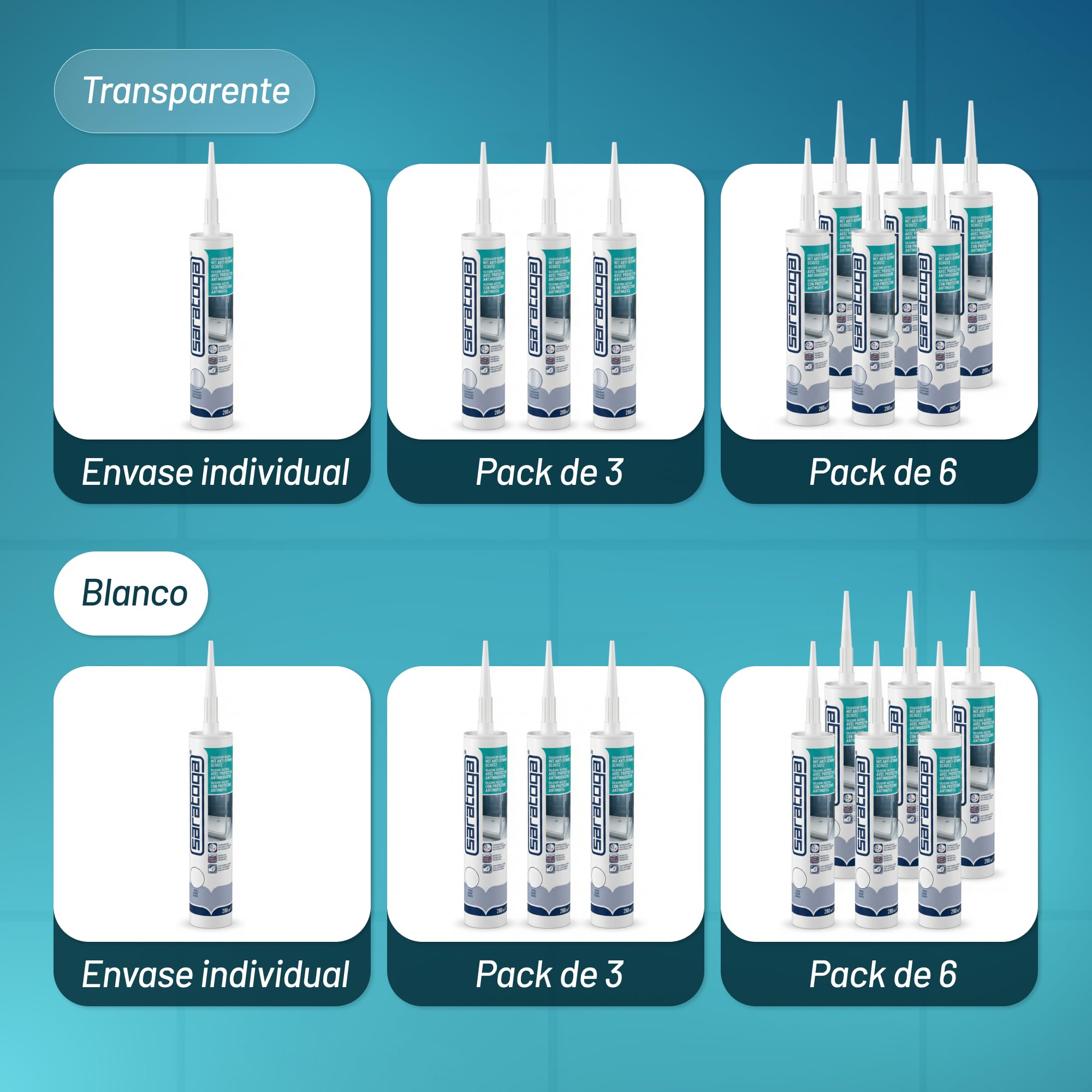 Saratoga Set de 6 Silicona Transparente Baño Antimoho 280 ml | Silicona Antimoho para Baño, Ducha, Cocina & WC | Sellador Fugas Agua, Impermeabilizante Transparente y Multimateriales