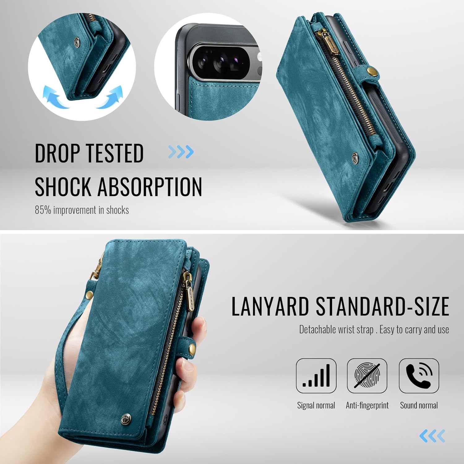2-in-1 Magnetic Wallet Case for Google Pixel 10 Pro XL, Durable Leather & TPU Cover with 8 Card Slots, Zipper Purse, Detachable Wristband & Stand, Compatible with Wireless Charging, Shockproof (Blue)