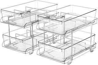 2 Set, 2 Tier Clear Organizer with Dividers for Cabinet / Counter, MultiUse Slide-Out Storage Container - Kitchen, Pantry, Medicine Cabinet Storage Bins, Bathroom, Vanity Makeup, Under Sink Organizing