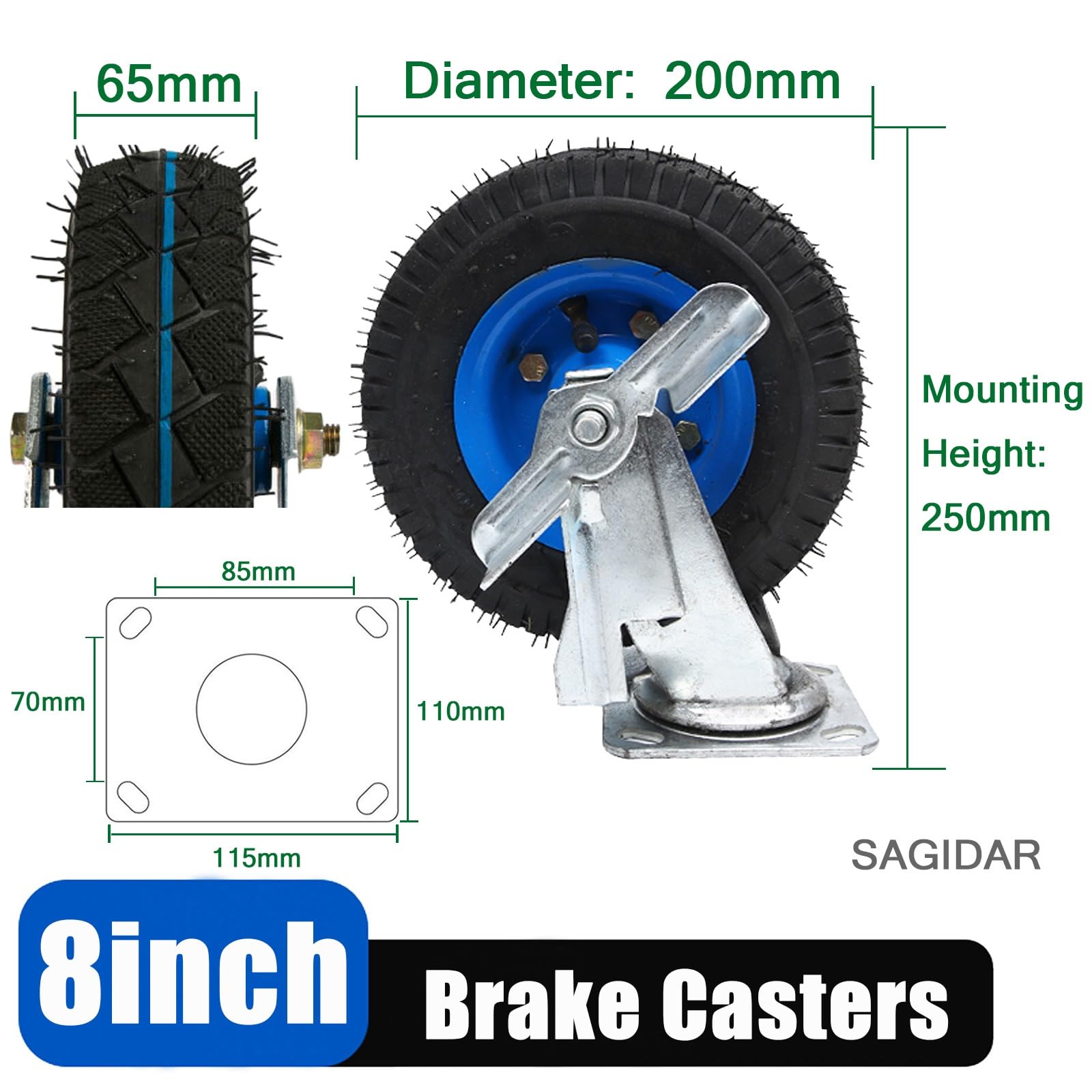 SAGIDAR 2pcs Ruedas Neumáticas De Repuesto, Giratoria Ruedas Pivotantes Silenciosa Ø 20cm/25cm, Rodamientos Dobles, Industriales De La Carretilla De La Rueda, Sin Desgaste En El Suelo