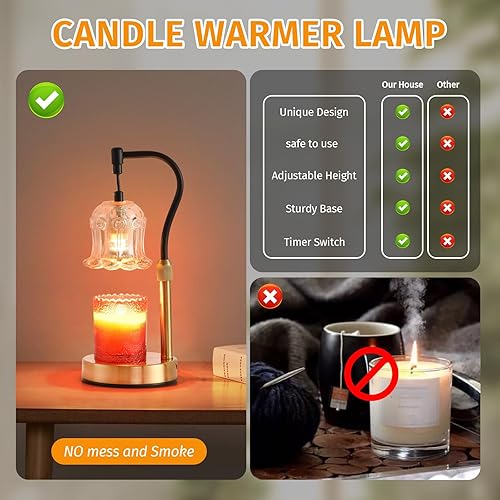 Miniatura 6 de NUODIFAN Lámpara calentadora de velas, calentador eléctrico de cera derretida con temporizador y regulable, altura ajustable compatible con velas de
