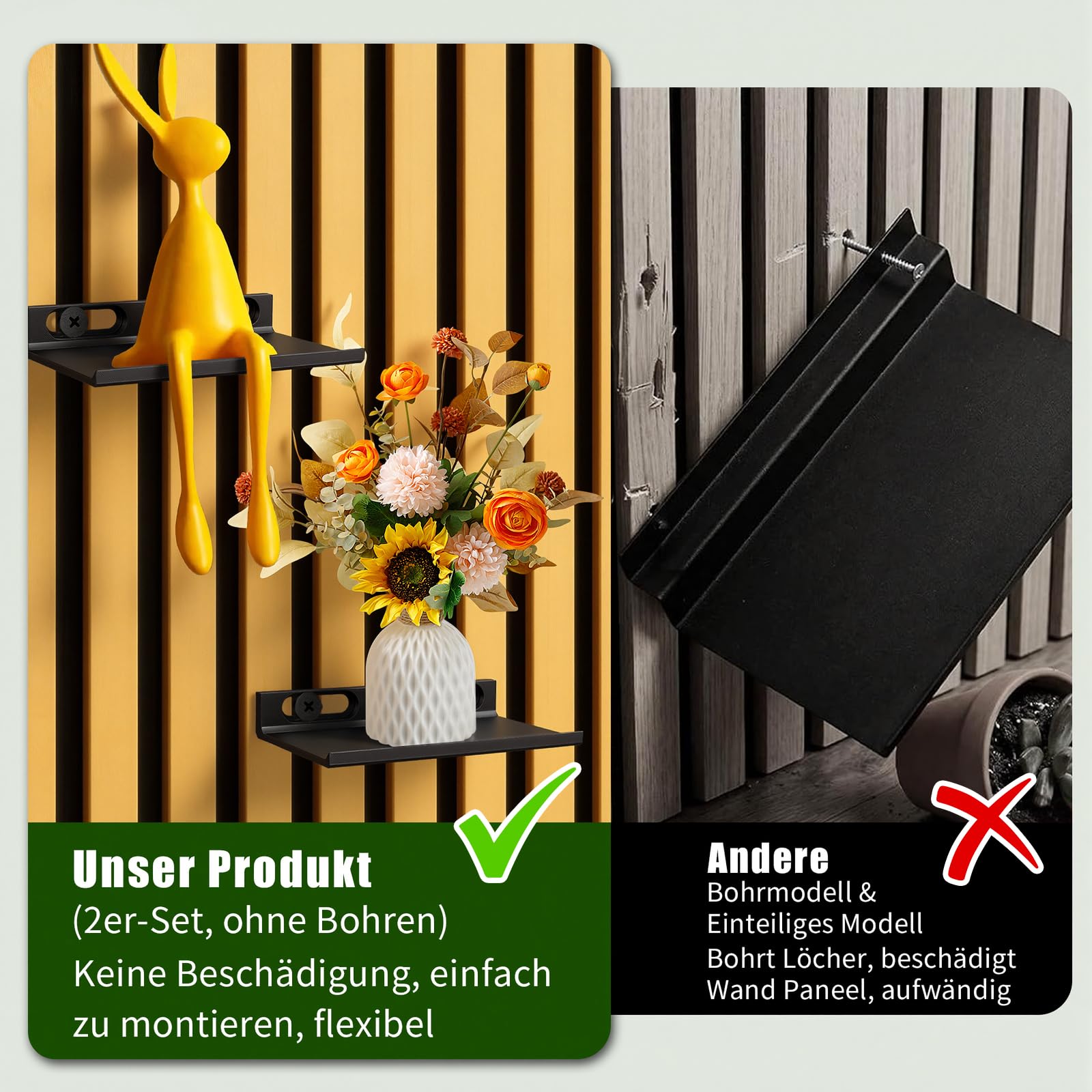 Meetory Scaffale per pannelli acustici - Set da 2 accessori per pannelli acustici senza foratura per pannelli verticali e orizzontali, organizer da parete, mensola da parete per soggiorno, camera da