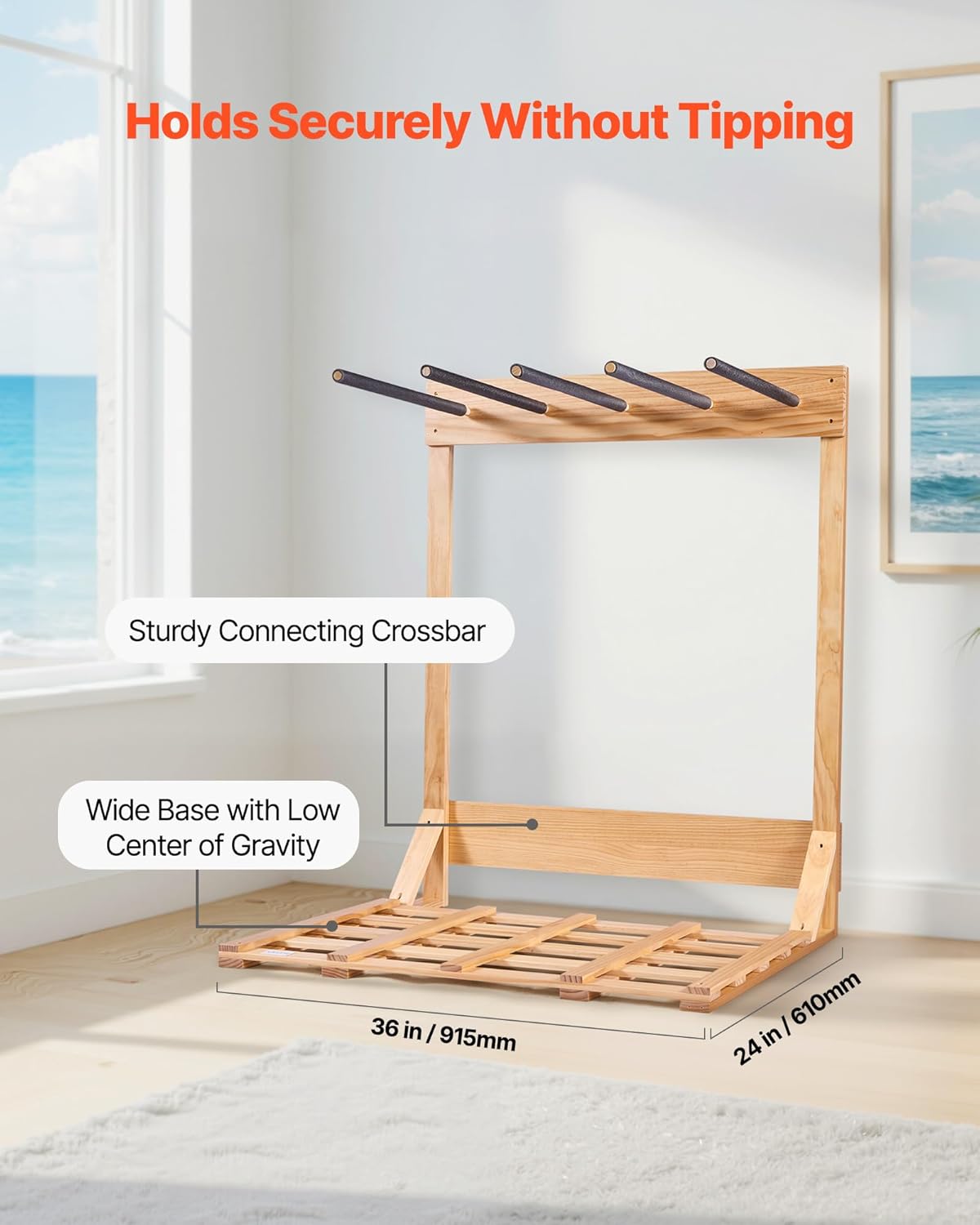 VEVOR Natural Pinewood Vertical Surfboard Stand – Freestanding Padded Rack for Longboards & Shortboards, Indoor Surfboard Holder for Garage, Home, or Surf Shop - Image 3