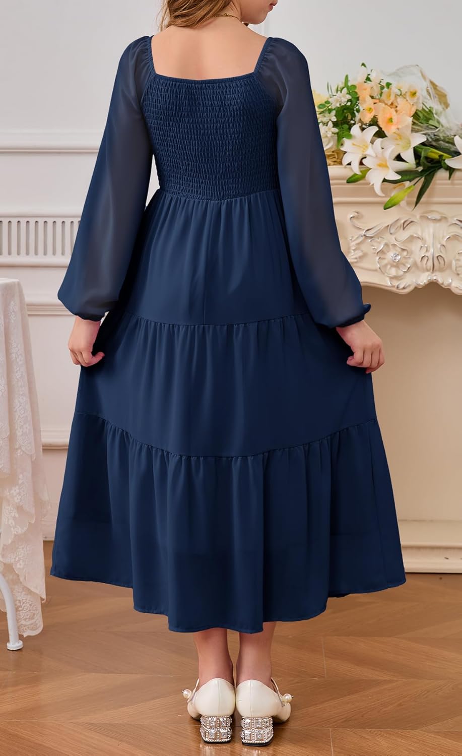 YOVION Girls Fall Long Sleeve Maxi Dress Chiffon A-Line Smocked Tiered Flowy Formal Wedding Guest Dresses for 6-12 Y - Image 3