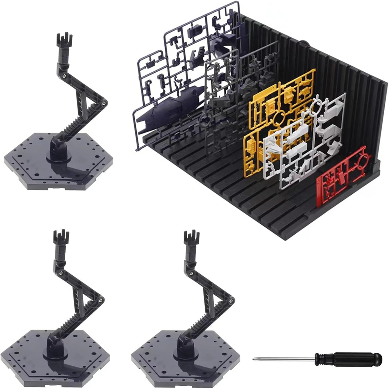 4-Pieces Model Kit Display Stand and Runner Storage System with Action Base, Suitable for Model Stand Action Figure Stand and HG, MG and RG Model Character Display Stand，Black.(Combination Set)