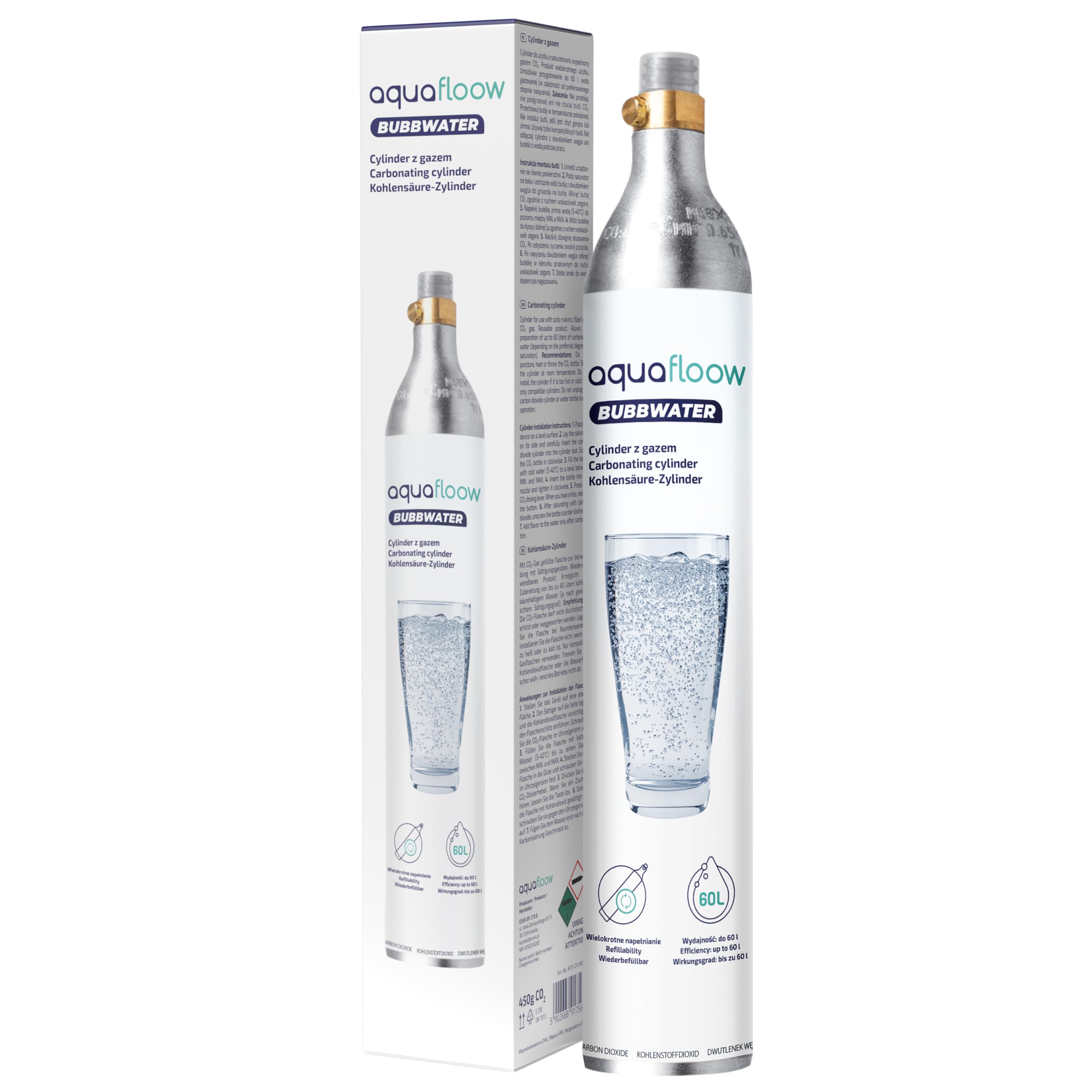 Aquafloow Gasatore per Acqua con Cilindro CO2 e 2 Bottiglie da 800 ml senza BPA – Macchina per Acqua Frizzante senza Elettricità – Design Elegante per Casa o Ufficio